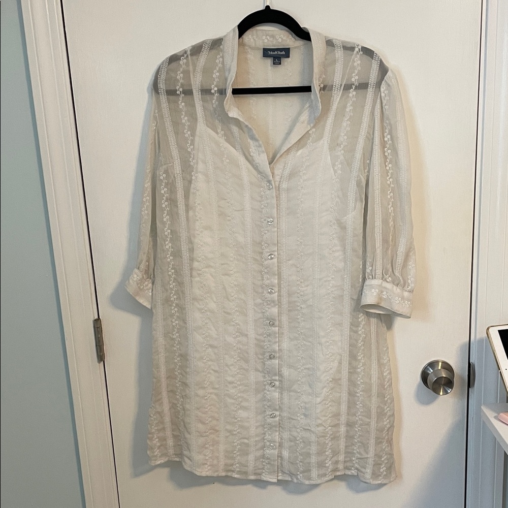 ModCloth Cream Sheer Button-Down dress womens size large